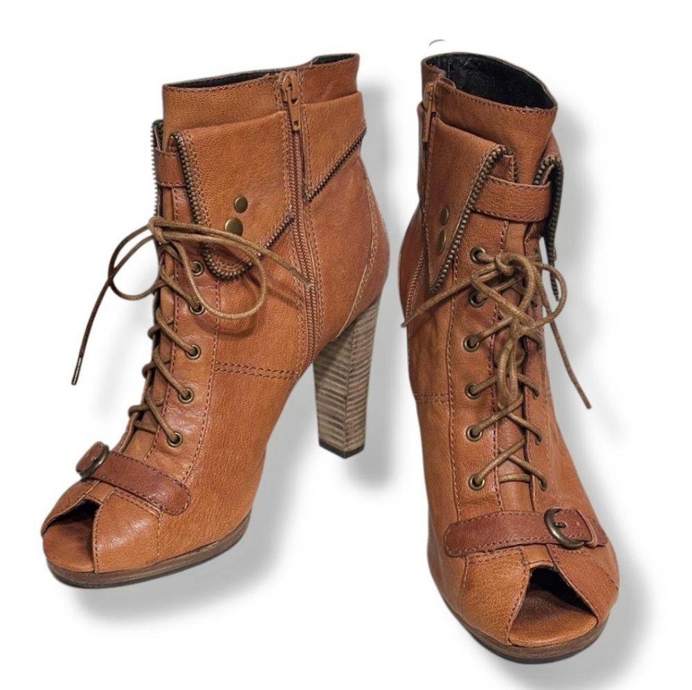 TROUVÉ Jenna Cuffed Lace Up Peep Toe BootiesLeather Upper